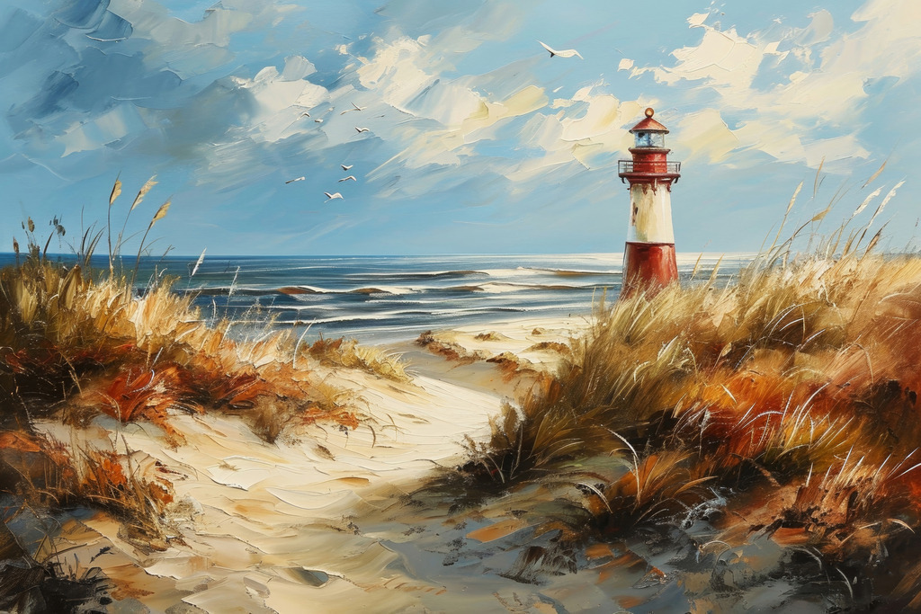 2402022 - Leuchtturm am Strand | Wunderschöne Dünenlandschaft mit einem Leuchtturm im Stil eines Gemäldes.