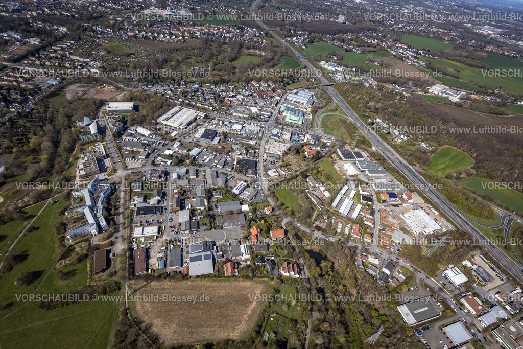 Witten220401090 | Luftbild, Gewerbegebiet Liegnitzer Straße an der Autobahn A44, Universität Witten Herdecke, Annen, Witten, Ruhrgebiet, Nordrhein-Westfalen, Deutschland
