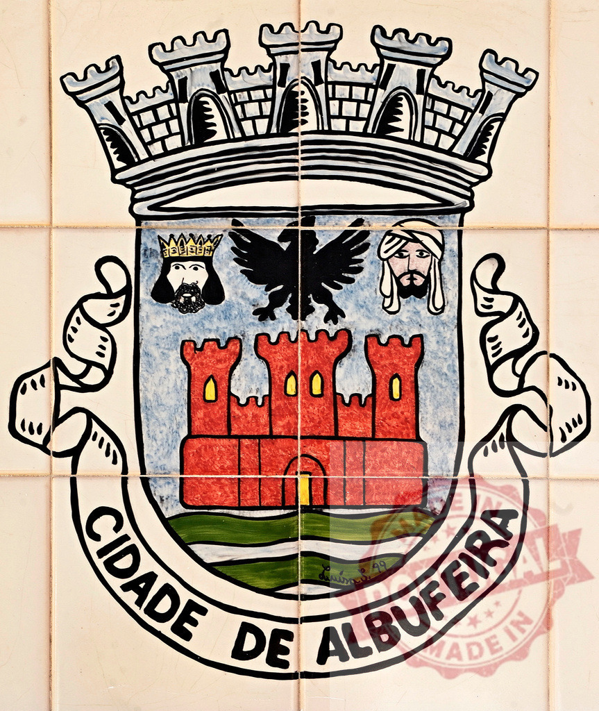 Albufeira coat of arms on traditional portuguese azulejo tile | Albufeira city coat of arms painted on a ceramic azulejo tile - Realized with Pictrs.com