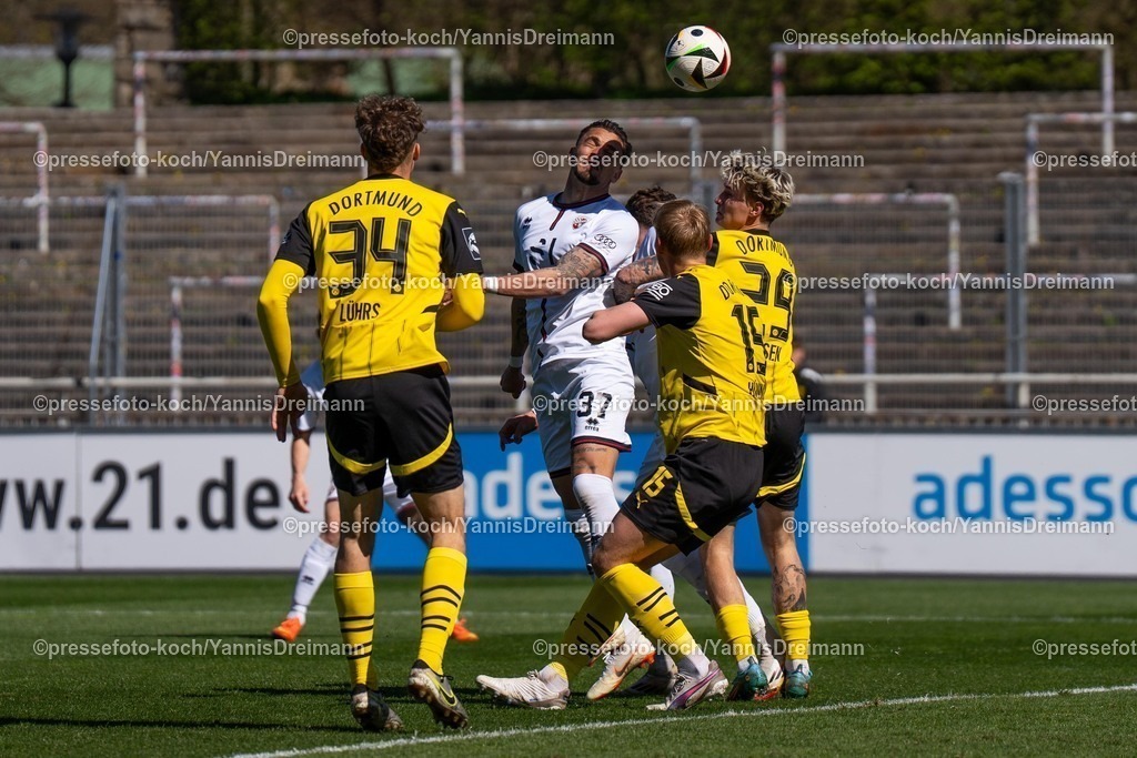 xydr06042501030 | 06.04.2025, xydrx, Fußball, Borussia Dortmund II - FC Ingolstadt 04, 3.Liga, Stadion Rote Erde, Saison 2024 2025:Pascal Testroet (FC Ingolstadt #37) im Zweikampf gegen Ben Huening (Borussia Dortmund II #15) und Niklas Jessen (Borussia Dortmund II #29)  DFB regulations prohibit any use of photographs as image sequences and or quasi-video.