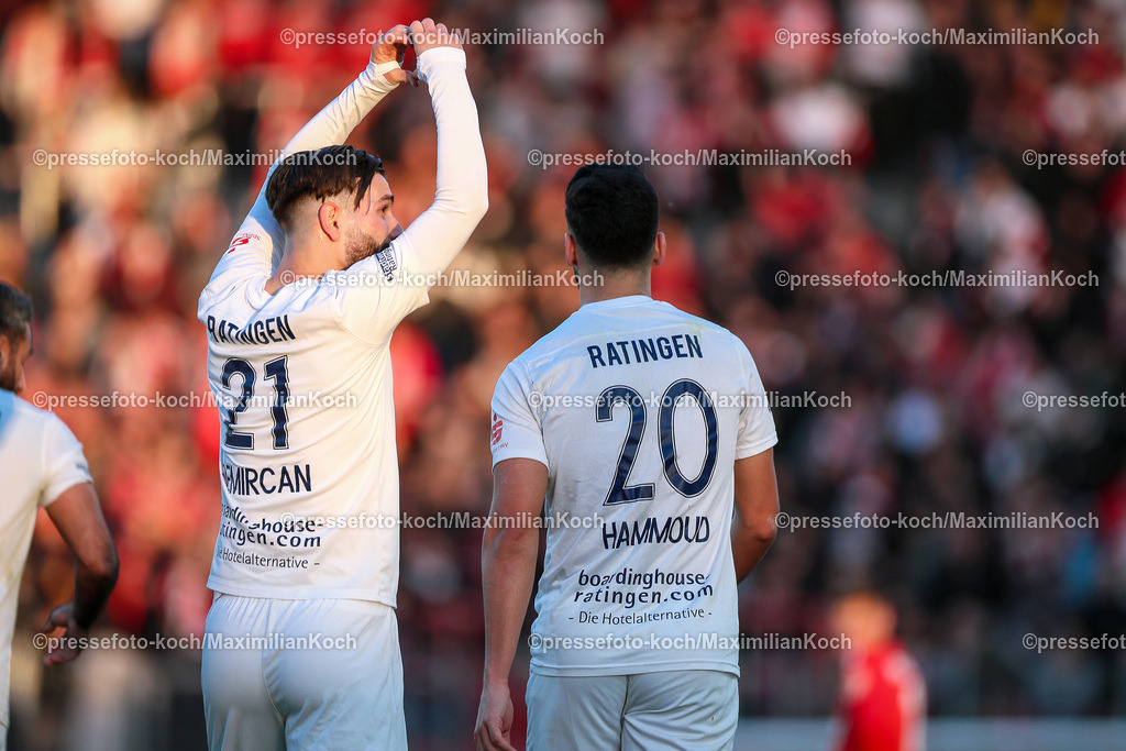 RWE10042401019 | 10.04.2024, Essen, Fußball, Niederrheinpokal Halbfinale, Stadion an der Hafenstraße, Rot-Weiss Essen – Ratingen 04/19:  Torjubel nach dem 1:1 durch Emre Demircan (Ratingen 04/19). 
Zusammen mit Ali Hassan Hammoud (Ratingen 04/19). DFB regulations prohibit any use of photographs as image sequences and or quasi-video.