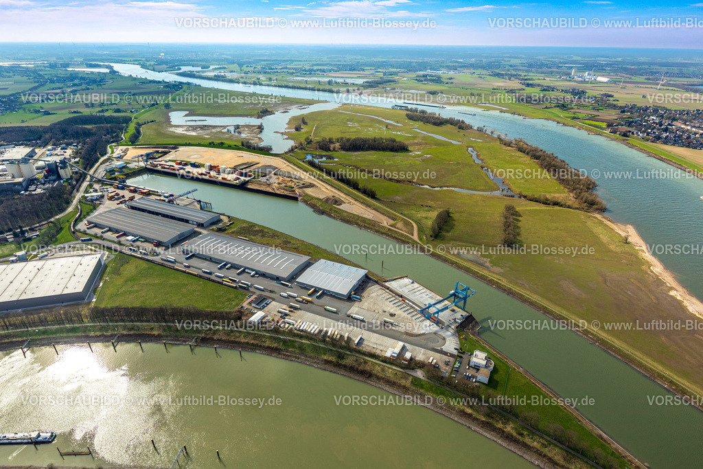 Voerde240309599 | Luftbild, Sappi Logistics im Hafen Emmelsum, Fluss Rhein und Rheinaue, Emmelsum, Voerde, Nordrhein-Westfalen, Deutschland