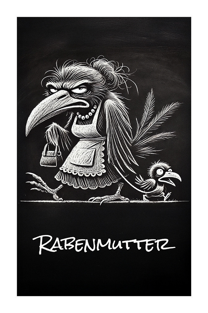 #1 Rabenmutter | Monochrom mit weißem Rand; Aufschrift "RABENMUTTER"; Optik einer weißen Kreidezeichnung auf schwarzer Wand - Realisiert mit Pictrs.com