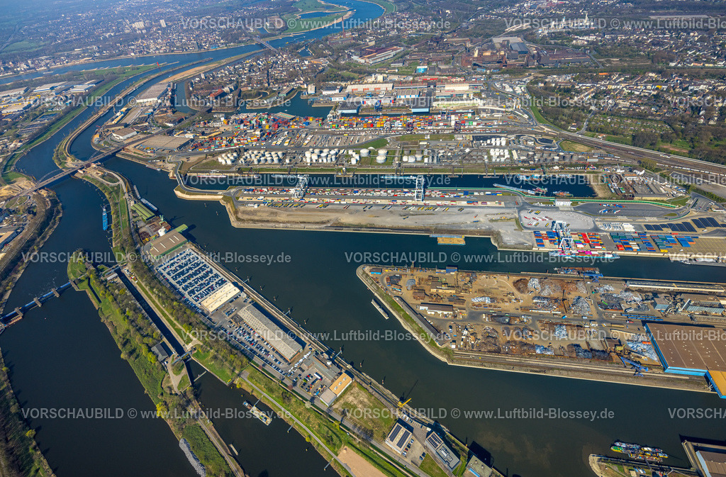 Duisburg250402579DuisPort | Luftbild, duisport Hafen Duisburg, Hafengebiet, Ölinsel, Kohleninsel Container Terminal und Schrottinsel Rohstoffinsel, Insel Pontwert, Autobahn A59, Ruhrort, Ortsansicht Duisburg, Ruhrgebiet, Nordrhein-Westfalen, Deutschland