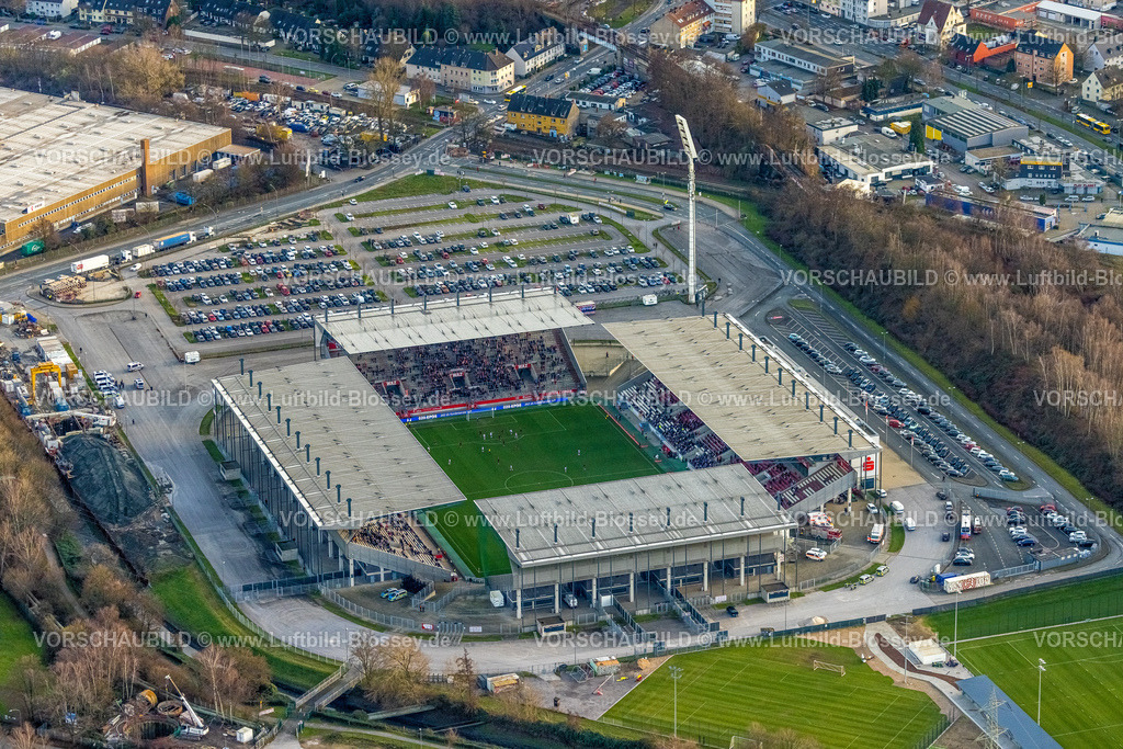 Essen230101305 | Luftbild, Stadion an der Hafenstraße, Fußballstadion Rot-Weiss Essen, Bergeborbeck, Essen, Ruhrgebiet, Nordrhein-Westfalen, Deutschland