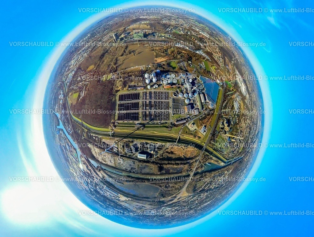 Bottrop240190183EmscherklaerwerkBottrop | Luftbild, Klärwerk Emschergenossenschaft Kläranlage Bottrop, Erdkugel, Fisheye Aufnahme, Fischaugen Aufnahme, 360 Grad Aufnahme, tiny world, little planet, fisheye Bild, Welheim, Bottrop, Ruhrgebiet, Nordrhein-Westfalen, Deutschland
