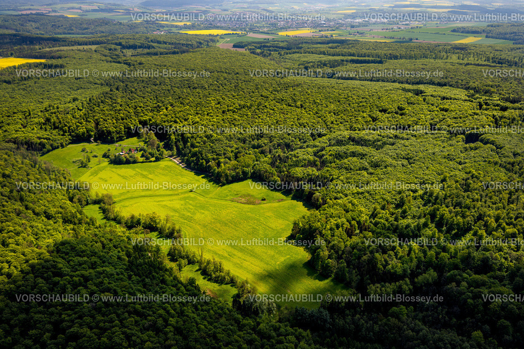 Brakel240504745NSG-HinnenburgerForst | Luftbild, NSG Naturschutzgebiet Hinnenburger Forst mit Emder Bachtal, Wiese und Wohnhaus Emde, Erwitzen, Nieheim, Ostwestfalen, Nordrhein-Westfalen, Deutschland