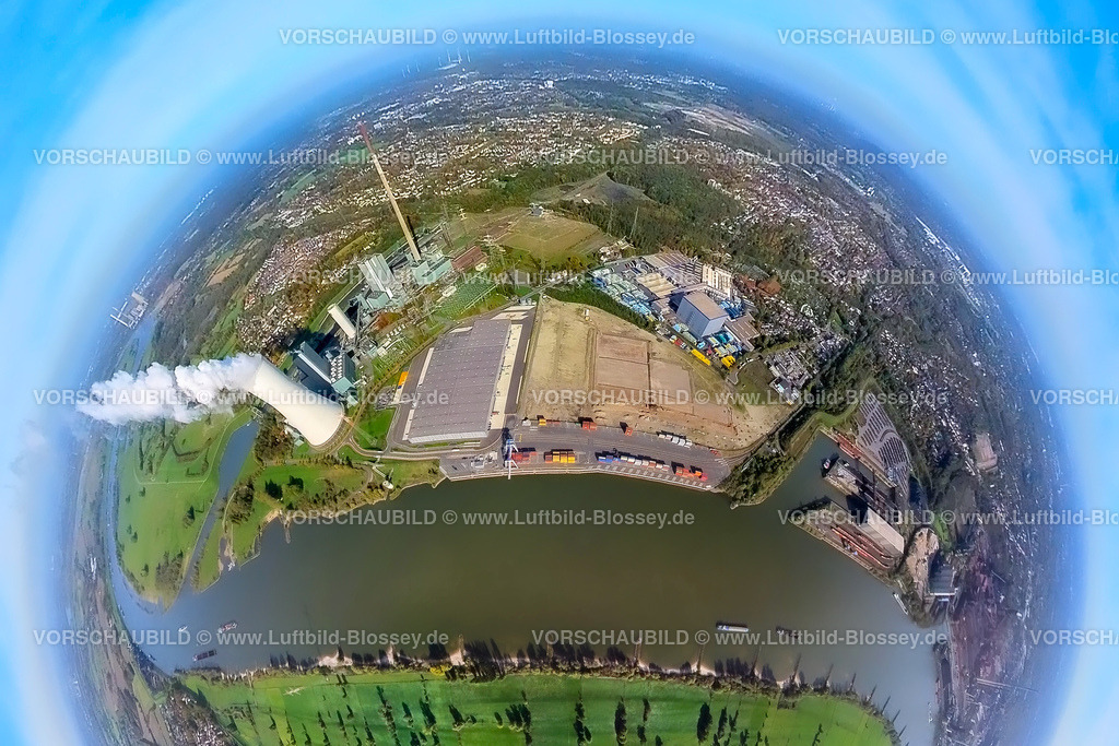 Duisburg20221006_1Logport-6 | Luftbild, Dampfendes STEAG Kraftwerk Walsum und logport VI am Fluss Rhein, Baustelle mit Neubau Logistikunternehmen DSV Halle, Fisheye Aufnahme, Fischaugen Aufnahme, 360 Grad Aufnahme, Marxloh, Duisburg, Fisheyeaufnahme, Ruhrgebiet, Nordrhein-Westfalen, Deutschland
