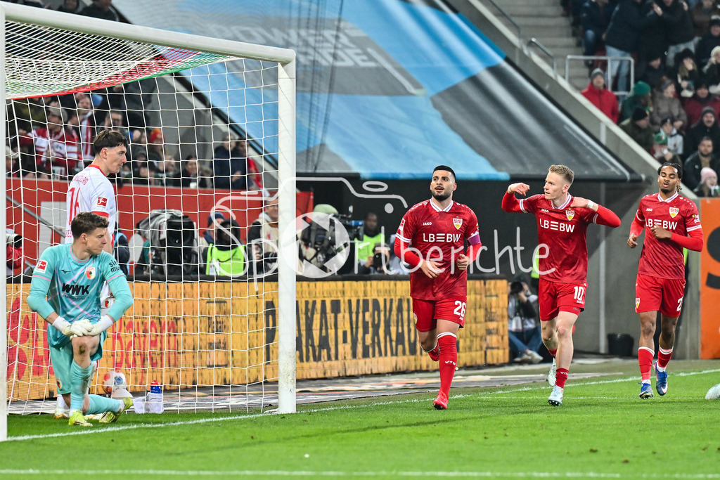 FC Augsburg - VfB Stuttgart | AUGSBURG, GERMANY - 22. MAERZ: Jubel der Gäste nach dem Treffer zum 1-4 durch Deniz UNDAV (VfB Stuttgart 26) / Tor / Torschuetze / Freude / Happy während dem Bundesligamatch zwischen dem FC Augsburg und dem VfB Stuttgart am 27. Spieltag in der WWK Arena / DFL REGULATIONS PROHIBIT ANY USE OF PHOTOGRAPHS AS IMAGE SEQUENCES AND/OR QUASI-VIDEO