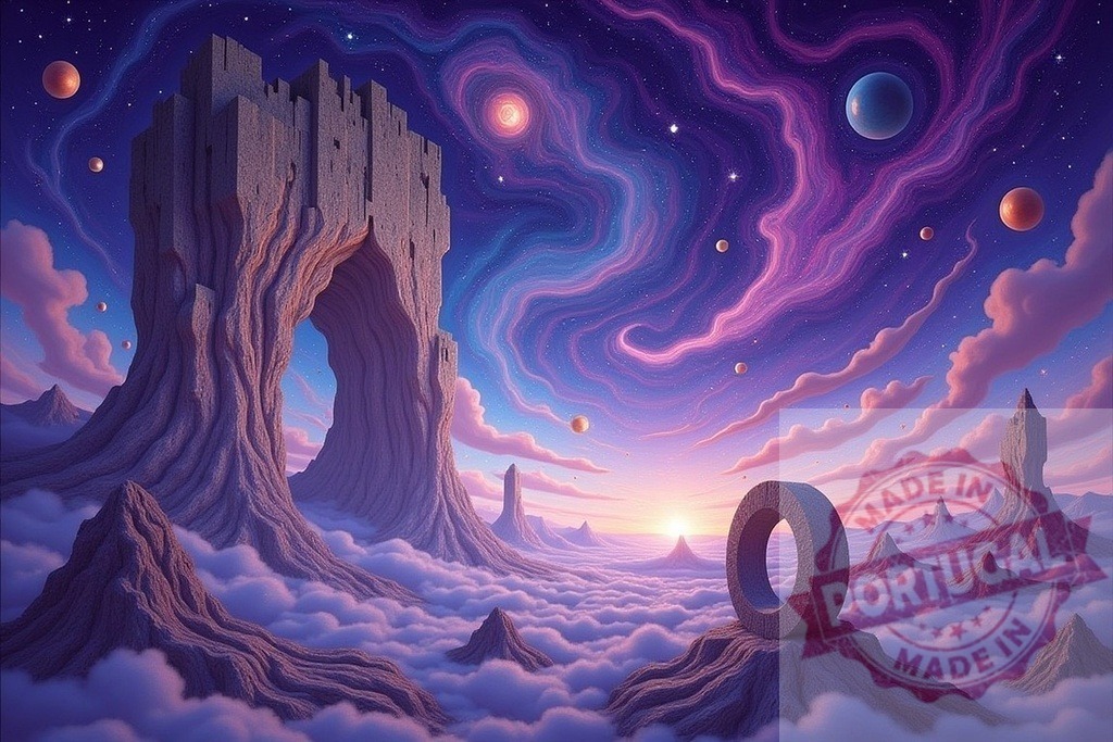 Fantasy castle ruin on an alien planet with nebulae | Surreal landscape featuring a fantasy ruin, floating clouds, and colorful nebulae in deep space - Realisiert mit Pictrs.com