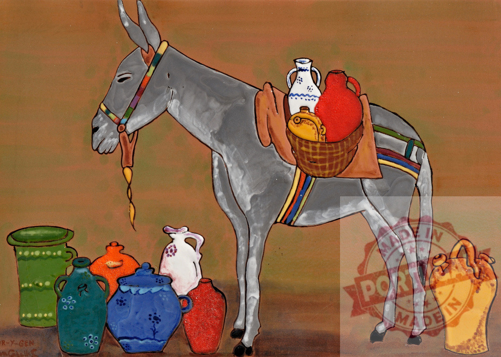 Donkey carrying colorful pottery on its back in a naive painting | Naive painting of a donkey carrying colorful pottery on its back, surrounded by more pottery - Realized with Pictrs.com