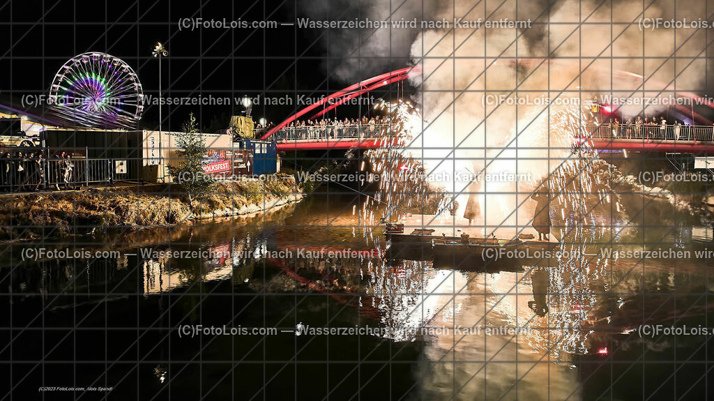 0598_Luftbild_VOLKSFEST-Wlbg_InselFeuer-Show | (C)FotoLois.com, Alois Spandl, Luftbild, Wieselburger VOLKSFEST neu, Feuershow auf der Erlaufinsel unter den Brücken, Do 29. Juni 2023.