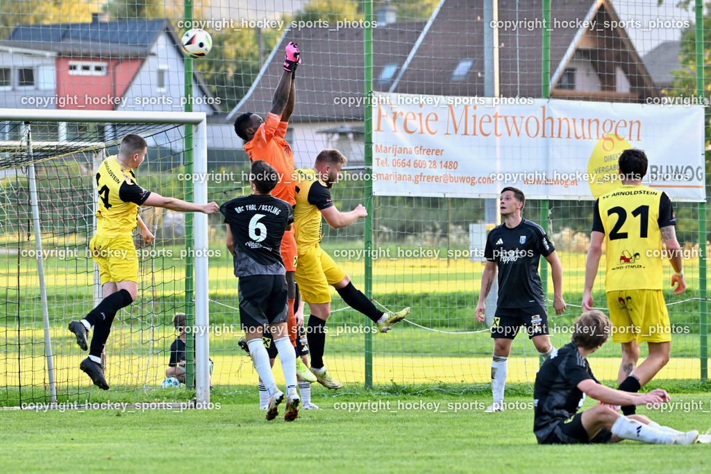 SV Arnoldstein vs. URC Thal Assling | #14 Edis Sehic SV Arnoldstein, #6 David Bürgler Thal Assling, #99 Ayotunde Ezekiel Ikuepamitan Thal Assling, #16 Luka Tolic SV Arnoldstein, #21 Michael Fellner SV Arnoldstein, SV Arnoldstein vs. URC Thal Assling, SV Arnoldstein vs. URC Thal Assling am 09.08.2025 in Arnoldstein (Waldparkstadion Arnoldstein), Austria, (Photo by Bernd Stefan)