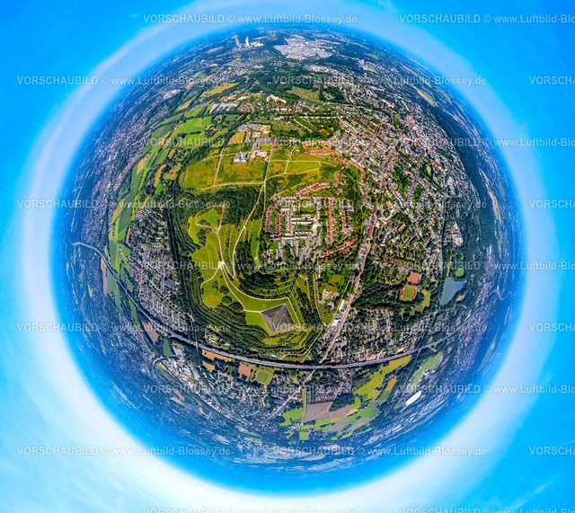 Gelsenkirchen240890553RungenbergHalde_Rungenbergsiedlung | Luftbild, Halde Rungenberg, auch Rungenberghalde Bergehalde, mit zwei aufgeschütteten Dreieckspyramiden für Lichtinstallation Nachtzeichen, Zechensiedlung Schüngelberg, Autobahn A2, Erdkugel, Fisheye Aufnahme, Fischaugen Aufnahme, 360 Grad Aufnahme, tiny world, little planet, fisheye Bild, Buer, Gelsenkirchen, Ruhrgebiet, Nordrhein-Westfalen, Deutschland