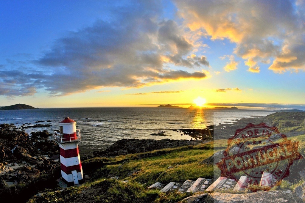 Red and white lighthouse guiding sunset ocean view. Galicia - Spain | Coastal landscape with a small lighthouse, ocean, and golden sunset over the horizon - Realized with Pictrs.com