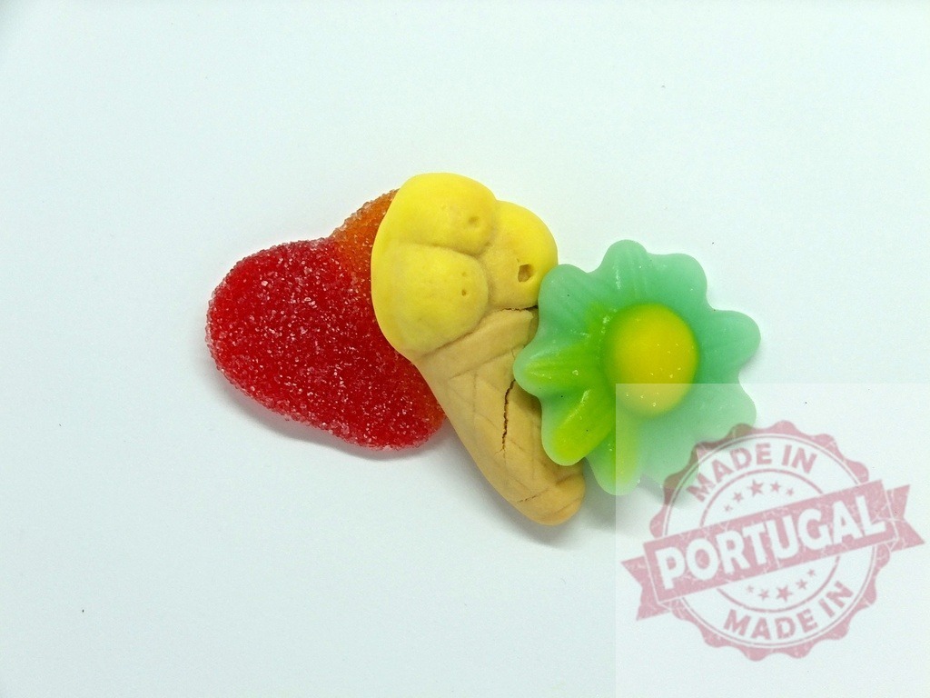 Gummy heart ice cream cone green flower candy | Sweet gummy candies featuring a red heart, yellow ice cream cone, and green flower on white background - Realized with Pictrs.com