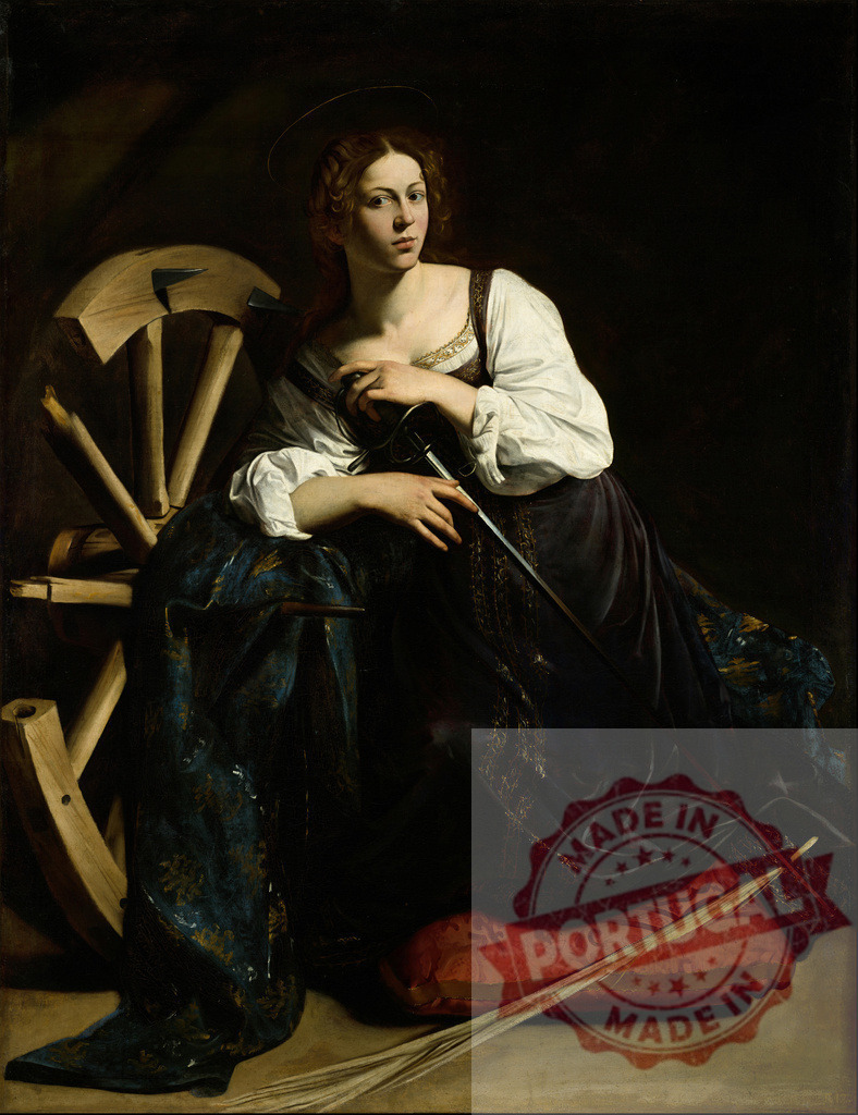 Art by Carravagio Caravaggio painting Saint Catherine of Alexandria with wheel | Saint Catherine of Alexandria holding a sword, leaning on a broken martyrdom wheel - Realisiert mit Pictrs.com