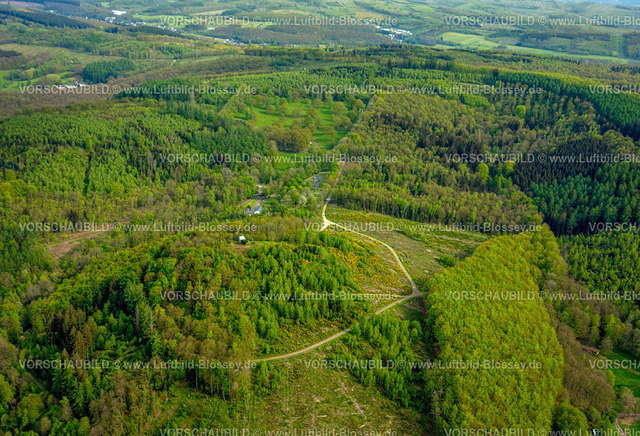 Wilnsdorf240502420 | Luftbild, Hügellandschaft Waldgebiet mit Waldschäden, Weltkriegsdenkmal im Wald und Burgbergfriedhof Eisern, Stadtgrenze Wilnsdorf, Eisern, Siegen, Siegerland, Nordrhein-Westfalen, Deutschland