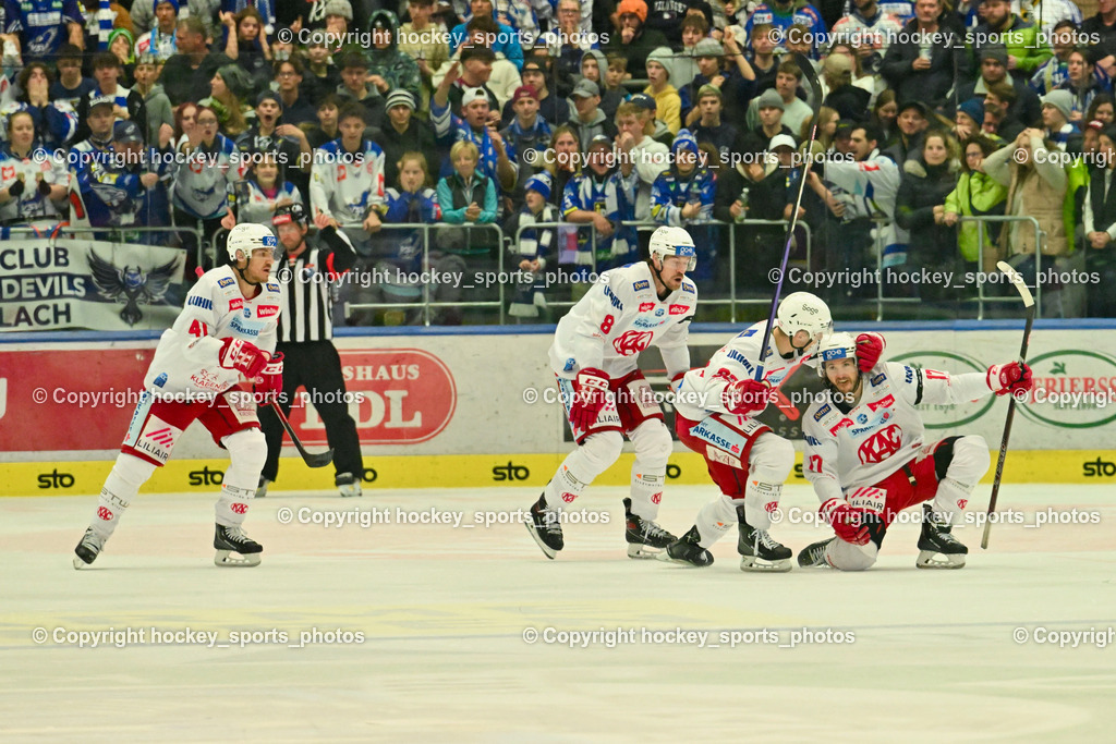 EC IDM Wärmepumpen VSV vs. EC KAC 17.3.2023 | #41 Jensen Aabo Jesper, #8 Petersen Nicholas Eric, #17 Ganahl Manuel, Jubel EC KAC Mannschaft