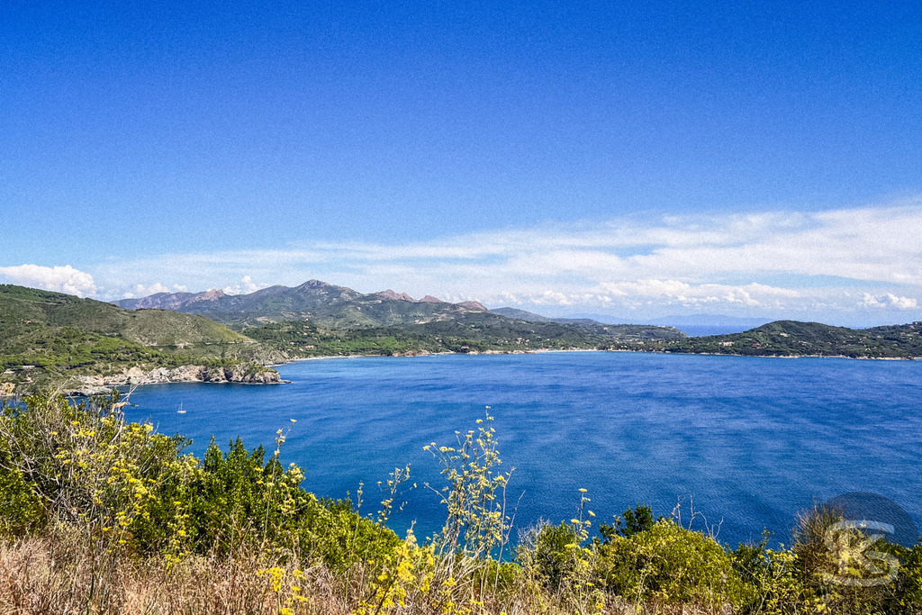 Wildes Elba: Panoramablick über die Küstenlandschaft auf das Mittelmeer – Wandbild | Panorama-Ausblick auf die hügelige Küstenlandschaft der Insel Elba mit typisch mediterraner Vegetation (Macchia) im Vordergrund und dem weiten, blauen Meer unter sommerlichen Wolkenformationen. - Realisiert mit Pictrs.com