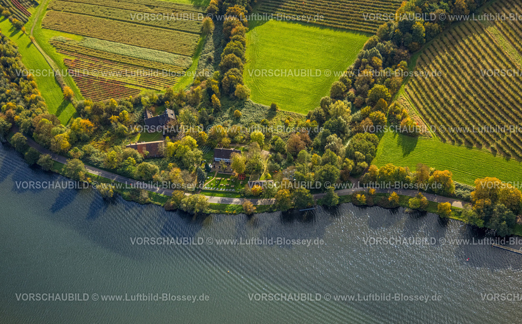 Essen251002616Sued | Luftbild, Restaurant Haus am See, Baldeneysee und herbstlicher Wald, Fachwerkgebäude Harnscheidts Höfe, Oberharnscheidt, Bredeney, Essen, Ruhrgebiet, Nordrhein-Westfalen, Deutschland