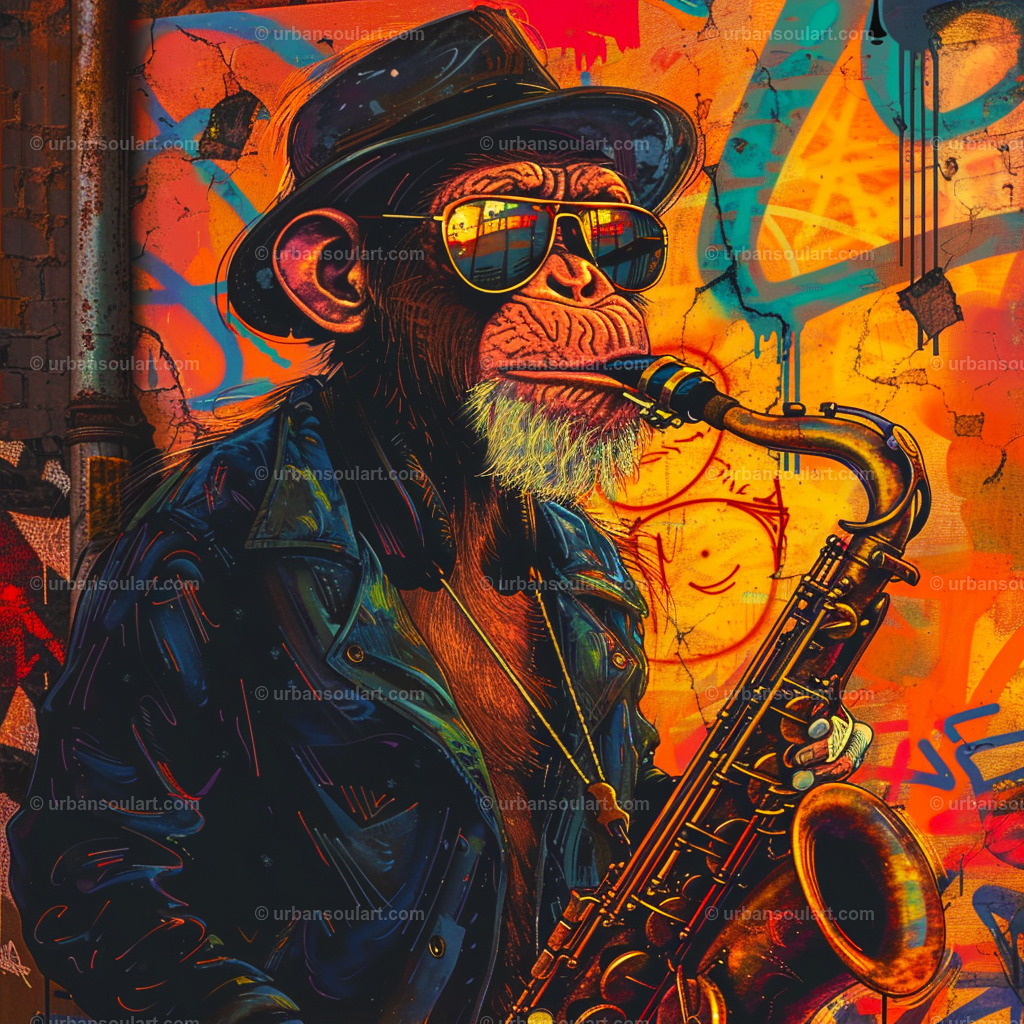 Monkey With Sun Glasses Playing Saxophone | A funky and cool canvas of a monkey in sunglasses playing the saxophone. Ideal for music-themed rooms or spaces looking for a unique jazz-inspired vibe. - Realisiert mit Pictrs.com