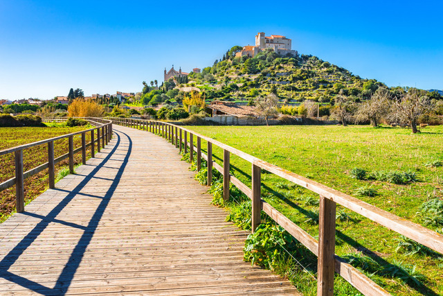 View of historic old town of Arta, Mallorca, Spain | Wooden path to Arta with church of pilgrimage and parish church on Majorca, Spain, Balearic Islands - Realisiert mit Pictrs.com