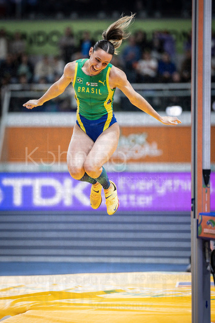 World Athletics Indoor Championships Kujawy Pomorze 26, 22.03.2026 | TORUN, POLAND - MARCH 22:  Juliana DE MENIS CAMPOS (BRA) celebrating a cleared hight of 4,70m during the World Athletics Indoor Championships Kujawy Pomorze 26 on day 3 / session 2 at Kujawsko-Pomorska Arena Torun on March 22, 2026 in Torun, Poland. 