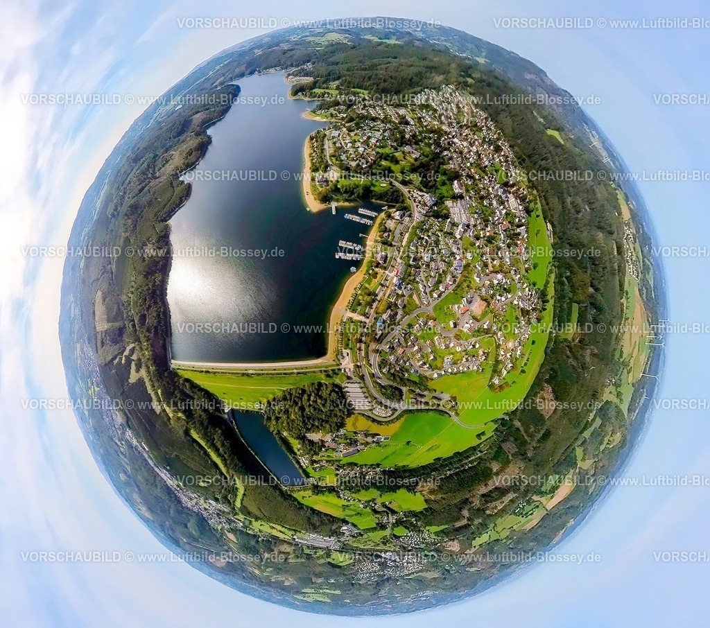 Sundern230990229SorpeseeLangschede | Luftbild, Sorpesee und Ortsansicht Ortsteil Langscheid, Sorpedamm, Erdkugel, Fisheye Aufnahme, Fischaugen Aufnahme, 360 Grad Aufnahme, tiny world, Langscheid, Sundern, Sauerland, Nordrhein-Westfalen, Deutschland