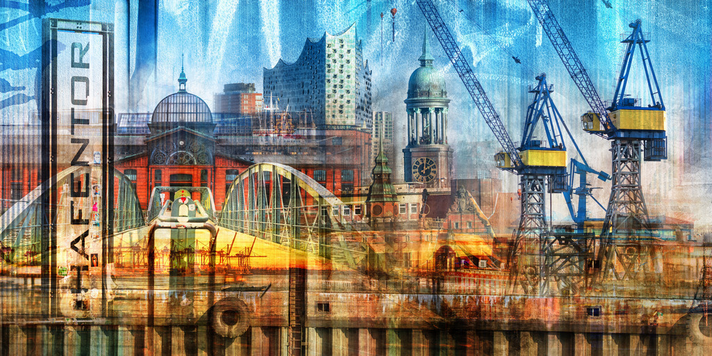 10240603 - Hafentor | Moderne Hamburg Collage mit Motiven vom Hafen, der Elbphilharmonie und dem Michel.