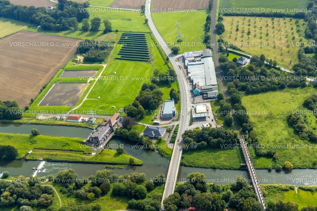 Froendenberg230901997 | Luftbild, Gewerbegebiet Fröndenberger Straße mit SK Metallhandel und Abex Herbert Heldt Gebäudetechnik, Ruhrbrücke Fröndenberg, Schwitten, Menden, Ruhrgebiet, Nordrhein-Westfalen, Deutschland