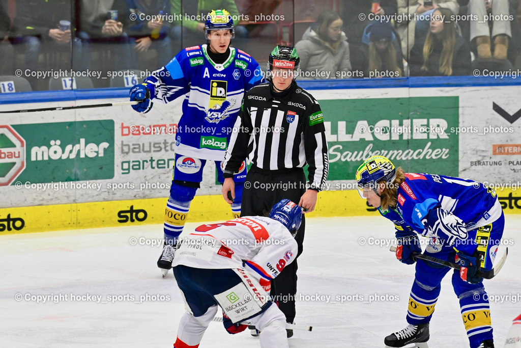 EC IDM Wärmepumpen VSV vs. HC Tiwag Innsbruck-Die Haie | #9 Valentini Ryan HC Innsbruck, #12 Pearson Chase EC VSV, #im2##77 LINDNER Philipp EC VSV, EC IDM Wärmepumpen VSV vs. HC Tiwag Innsbruck-Die Haie, EC IDM Wärmepumpen VSV vs. HC Tiwag Innsbruck Die Haie am 13.12.2024 in Villach (Stadthalle Villach), Austria, (Photo by Bernd Stefan)
