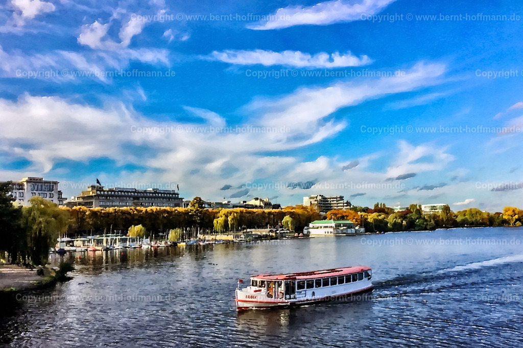 PDM2_2555_HH-Alster_EILBEK_120x80 | DIGITALKUNST. Hamburg. Alsterdampfer EILBEK auf der Außenalster - kurz vor Durchfahrt zur Binnenalster. Das Schiff wird betrieben von der ATG Alster-Touristik GmbH. - Realisiert mit Pictrs.com