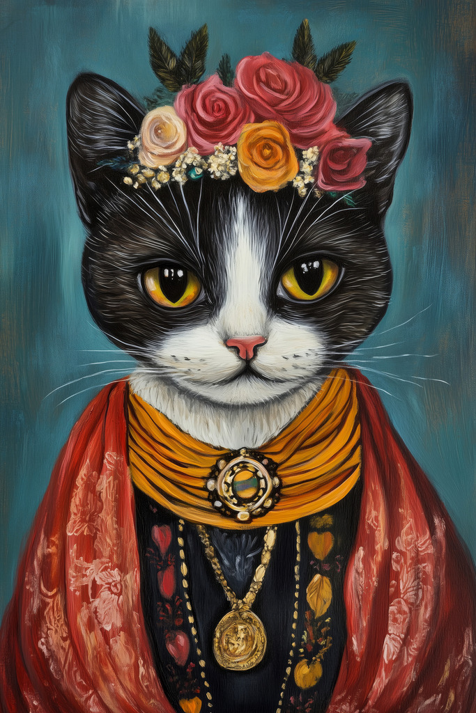 2408037 - Katze mit Blumen | Moderne Wandbilder auf Leinwand, Acylglas, Alu-Dibond oder als Poster. Tauchen Sie ein in die Welt KI-generierter Kunstwerke - entdecken Sie hochwertige Kunstdrucke unserer Gemälde, Illustrationen und fotorealistischen Motive.