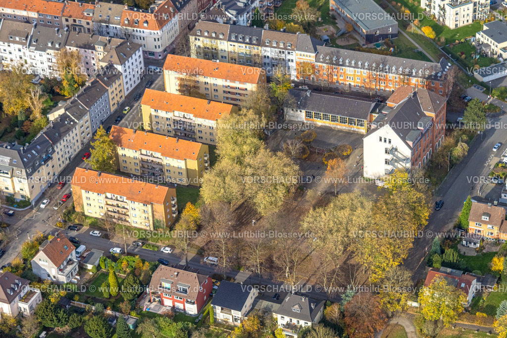 Hagen251102607 | Luftbild, Funkeparkschule, Sporthalle Altenhagen, Reihenhaus Wohnsiedlung Königstraße, herbstliche Bäume, Altenhagen, Hagen, Ruhrgebiet, Nordrhein-Westfalen, Deutschland