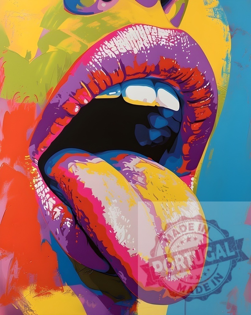 Woman sticking out tongue with colorful lips in pop art style | Colorful lips and tongue sticking out in a close-up pop art portrait - Realized with Pictrs.com