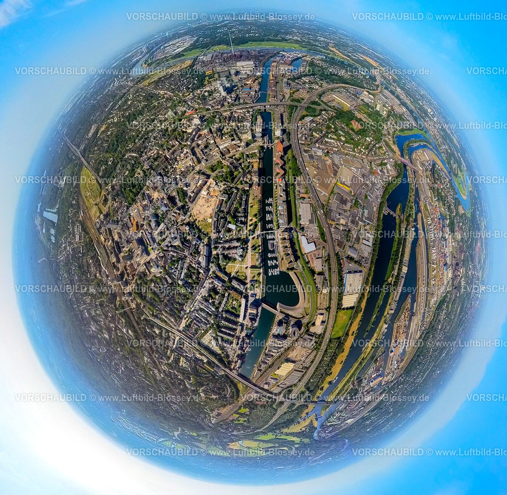 Duisburg230790175_Innenhafen | Luftbild, Innenhafen, The Curve, Erdkugel, Fisheye Aufnahme, Fischaugen Aufnahme, 360 Grad Aufnahme, tiny world, Kaßlerfeld, Duisburg, Ruhrgebiet, Nordrhein-Westfalen, Deutschland