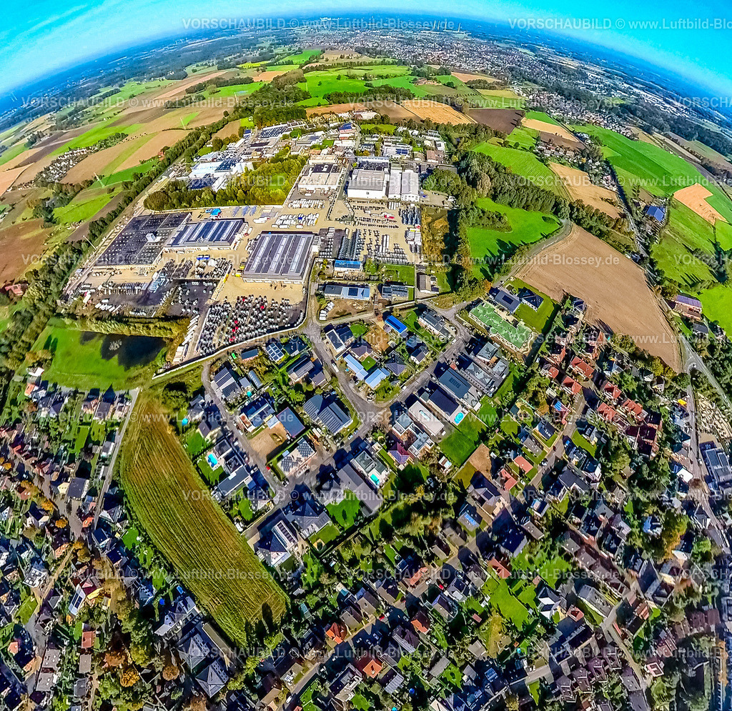 Selm241190518BorkGewerbegebietGutenbergstrasse | Luftbild, Industriegebiet und Gewerbegebiet Gutenbergstraße, Erdkugel, Fisheye Aufnahme, Fischaugen Aufnahme, 360 Grad Aufnahme, tiny world, little planet, fisheye Bild, Bork, Selm, Ruhrgebiet, Nordrhein-Westfalen, Deutschland
