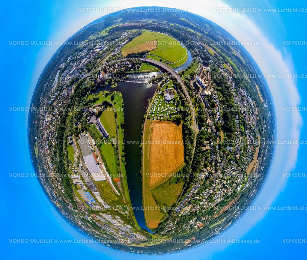 Hattingen240890619Ruhr | Luftbild, Fluss Ruhr und Ruhrbrücke mit Campingplatz, links der Gewerbepark und Landschaftspark Henrichshütte, Erdkugel, Fisheye Aufnahme, Fischaugen Aufnahme, 360 Grad Aufnahme, tiny world, little planet, fisheye Bild, , Hattingen, Ruhrgebiet, Nordrhein-Westfalen, Deutschland
