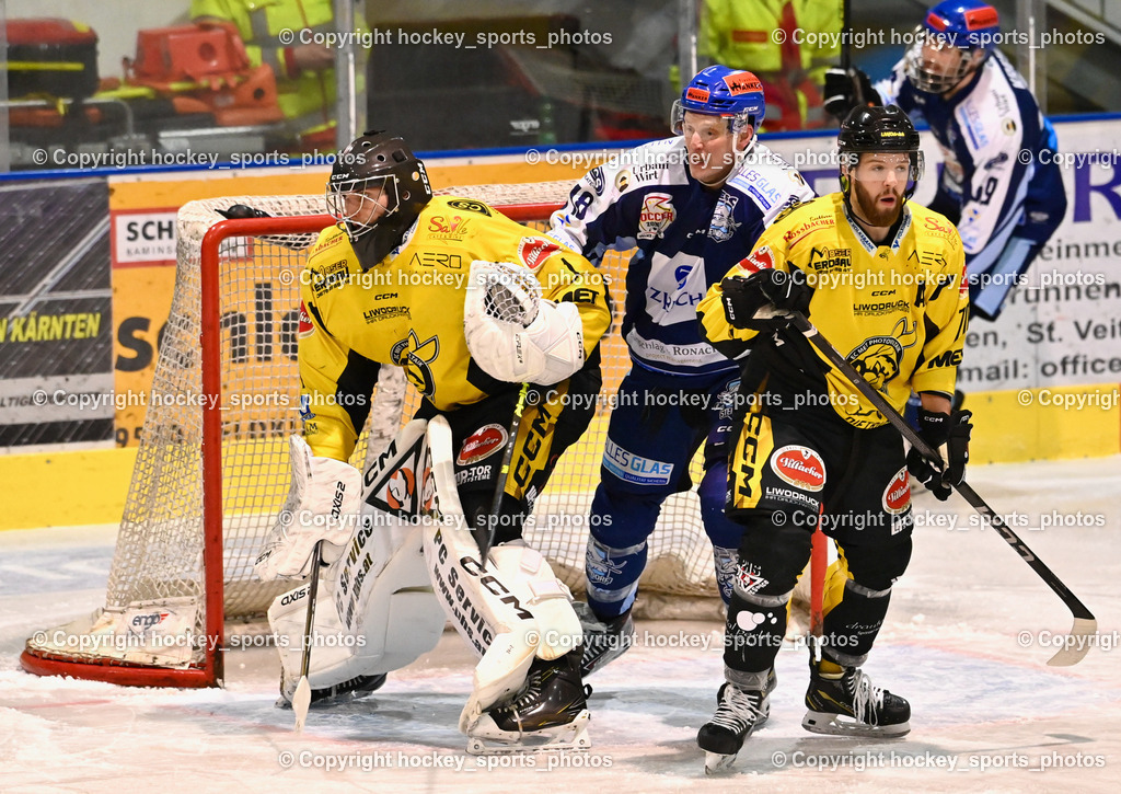 ESC Steindorf vs. EC Hornets Spittal 20.2.2024 | #1 Zauchner Rene EC Hornets Spittal, #18 Pewal Martin ESC Steindorf, #70 Kronig Daniel EC Hornets Spittal, ESC Steindorf vs. EC Hornets Spittal 20.2.2024, ESC Steindorf vs. EC Hornets Spittal 20.2.2024 am 20.02.2024 in Steindorf (Ossiachersee Halle), Austria, (Photo by Bernd Stefan)