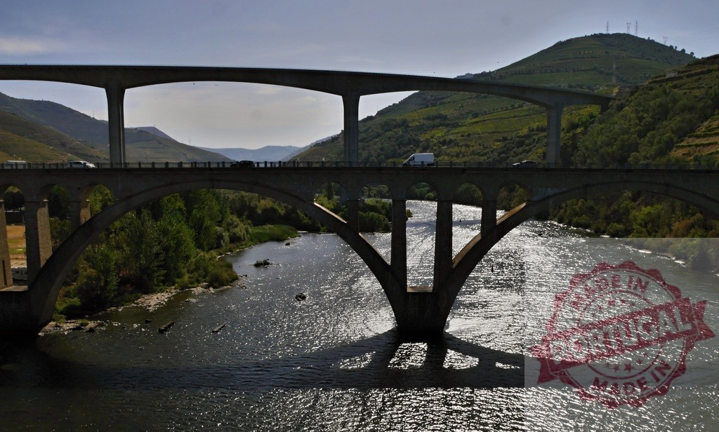 Douro Valley bridges spanning river and landscape | Bridges connecting land over the Douro River with verdant hills and terraced vineyards - Realized with Pictrs.com