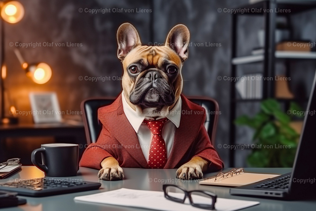 brauner Mops mit Anzug am Schreibtisch | Mops im Anzug sitzt am Schreibtisch im Büro