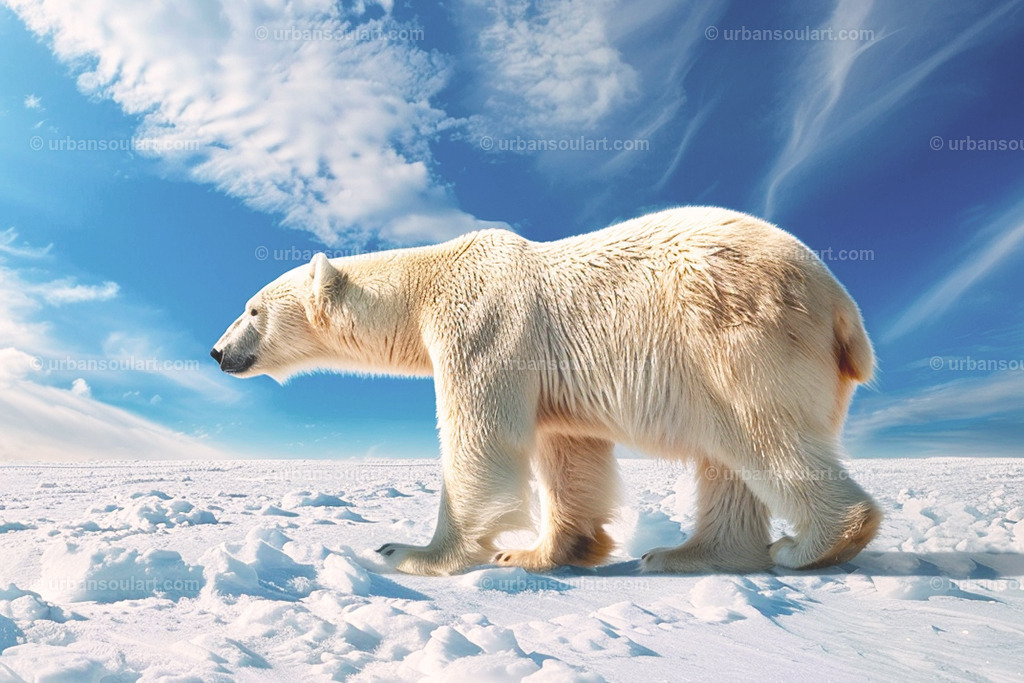 Polar Bear Snow Walking In The Sun | A striking image of a polar bear wandering across a snowy landscape under a clear blue sky. Perfect for lovers of Arctic wildlife, this artwork brings the beauty of the frozen wilderness into your home. - Realisiert mit Pictrs.com