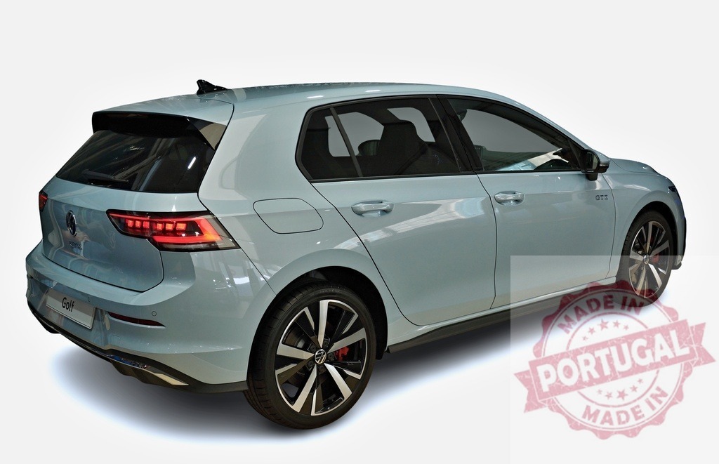 Volkswagen Golf GTI Showing its Back and Side on a White Background | Light blue Volkswagen Golf GTI from the back, highlighting its sporty design and modern features - Realized with Pictrs.com