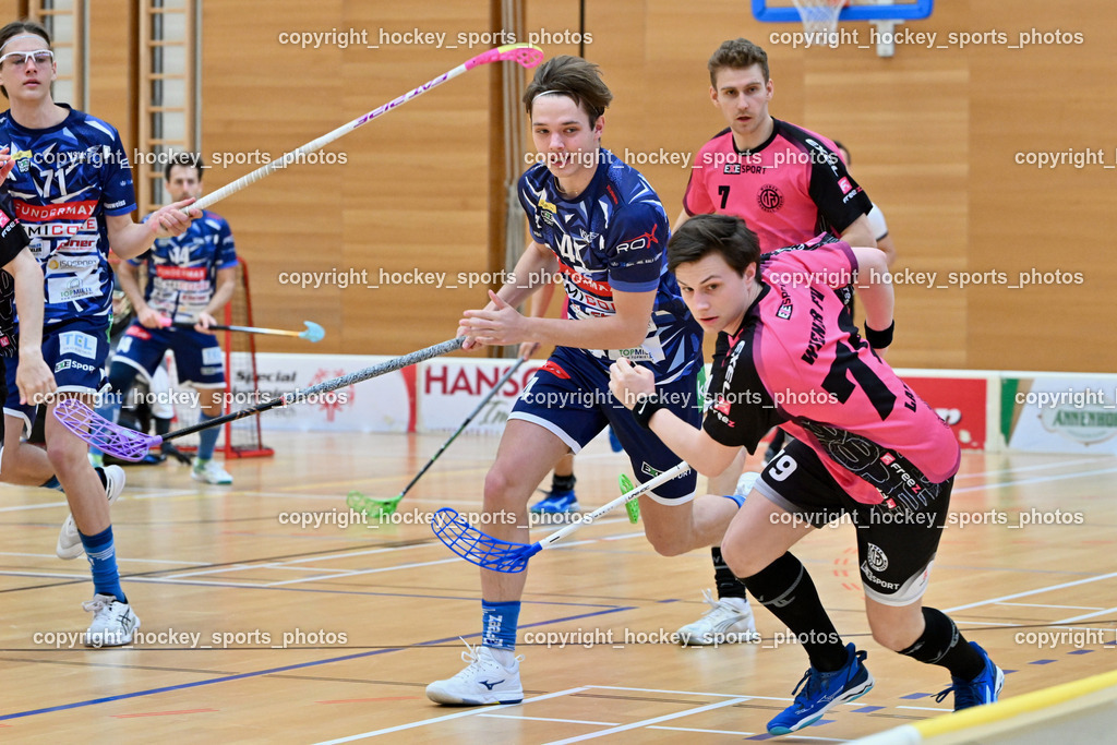 VSV Unihockey vs. Wiener Floorball Verein | #79 LANGER Christopher Wiener Floorballverein, #44 Luca Widnig VSV Unihockey, #71 Leon Widnig VSV Unihockey, #7 SCHEIDL Peter Wiener Floorballverein, VSV Unihockey vs. Wiener Floorball Verein, VSV Unihockey vs. Wiener Floorball Verein am 18.05.2025 in Villach (Ballspielhalle St. Martin), Austria, (Photo by Bernd Stefan)