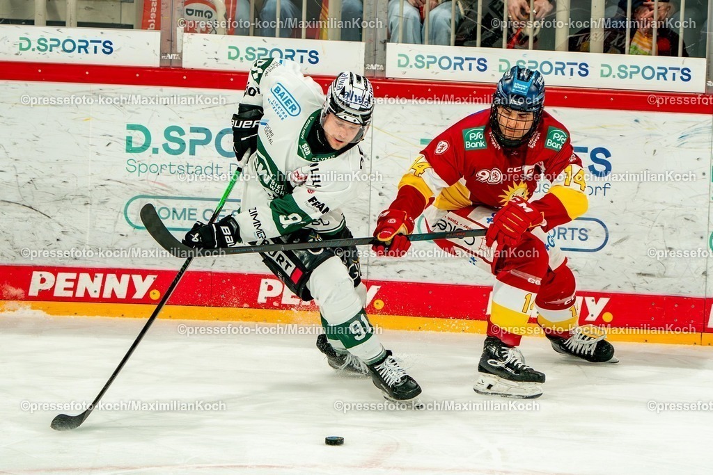 xKKUx01032601038 | 01.03.2026, xkkux, Eishockey, DEL2, Düsseldorfer EG - Bietigheim Steelers, PSD Bank Dome Düsseldorf: Mike Fischer (Bietigheim Steelers #91) im Zweikampf gegen  Kevin Noren (DEG #14) 