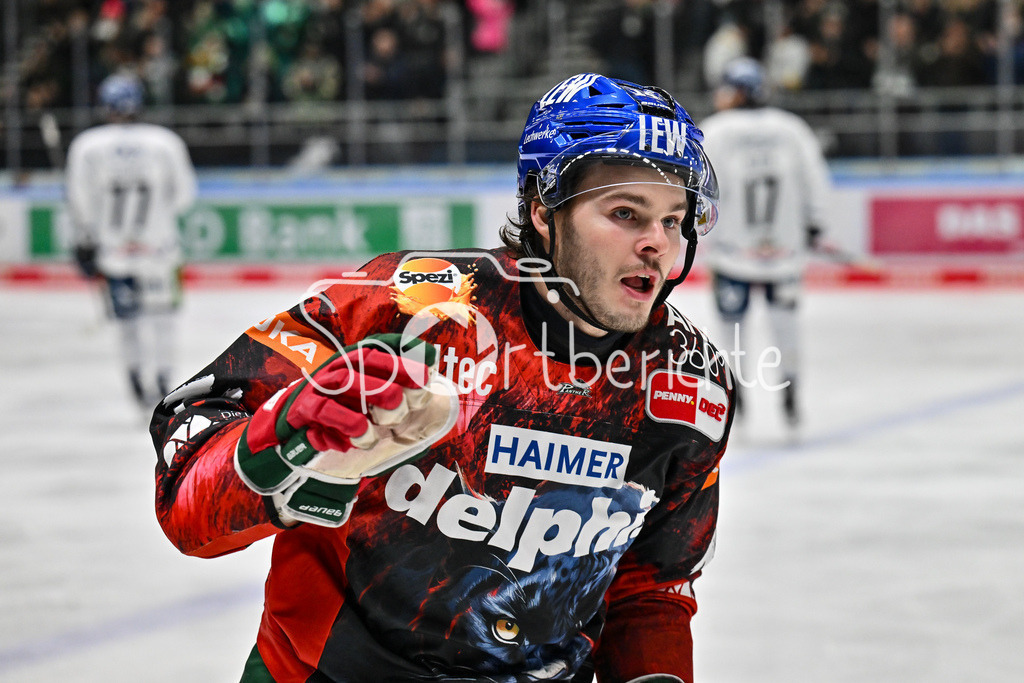 Augsburger Panther - Straubing Tigers | Jubel der Panther nach dem Treffer zum 3-1 durch D. J. BUSDEKER (Augsburger Panther #14) / Freude / Happy / Tor / torschuetze / DEL: Augsburger Panther - Straubing Tigers, Curt Frenzel Stadion am 29.11.2024