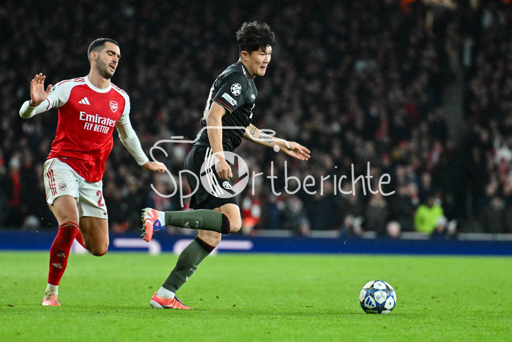 Arsenal FC - FC Bayern München | LONDON, ENGLAND - 26. NOVEMBER: im Duell Minjae KIM (FC Bayern Munich 3) und Mikel MERINO (Arsenal FC 23) beim Ligaspiel zwischen Arsenal London und dem FC Bayern München am 5. Spieltag der UEFA Champions League im Emirates Stadium am 26.11.2025