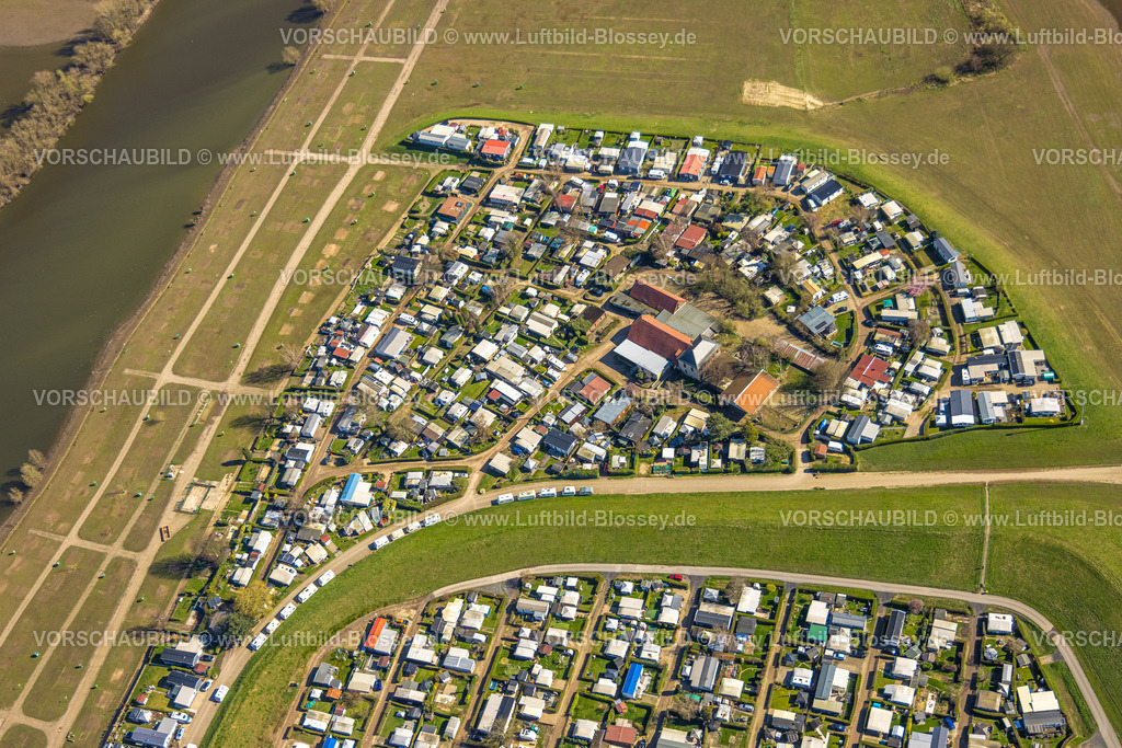 Wesel240311045 | Luftbild, Campingplatz Grav Insel am Fluss Rhein, Flürener Feld, Wesel, Nordrhein-Westfalen, Deutschland