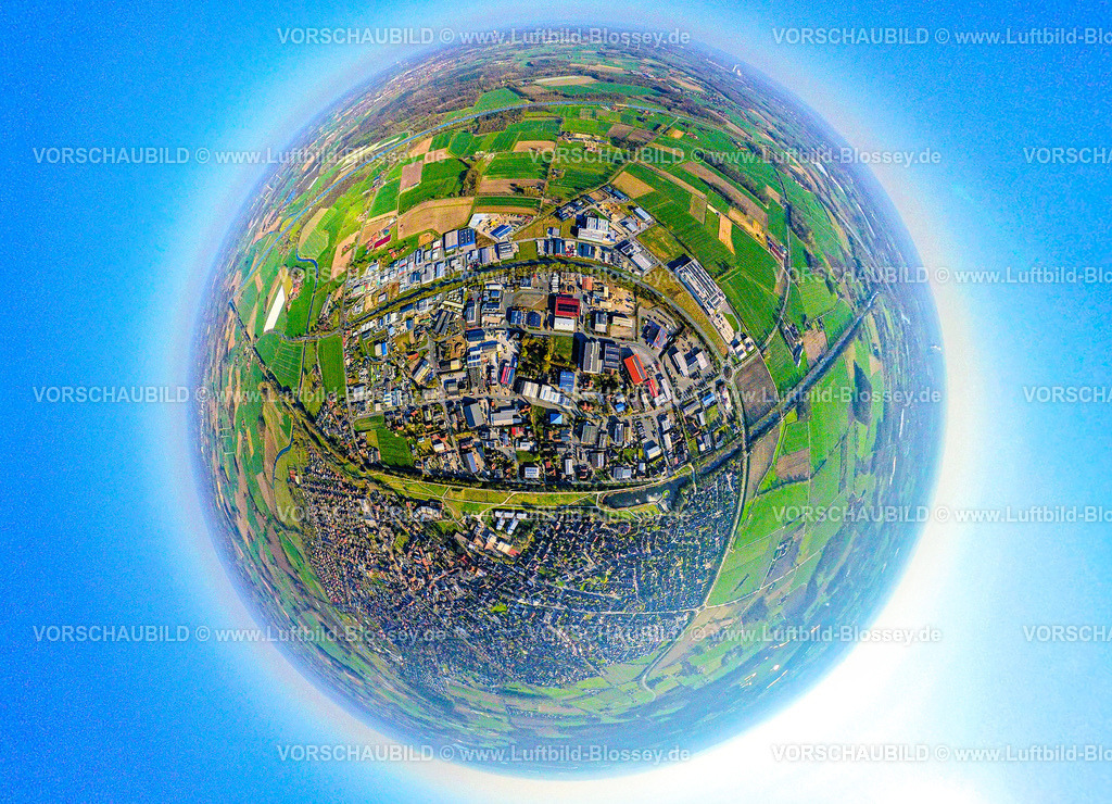 Olfen250490078Gewerbegebiet-Ost | Luftbild, Alte Fahrt - stillgelegter Abschnitt des Dortmund-Ems-Kanals und Wohngebiet Ortsansicht, Gewerbegebiet Ost an der Bundesstraße B235, Erdkugel, Fisheye Aufnahme, Fischaugen Aufnahme, 360 Grad Aufnahme, tiny world, little planet, fisheye Bild, Olfen-Stadt, Olfen, Ruhrgebiet, Nordrhein-Westfalen, Deutschland